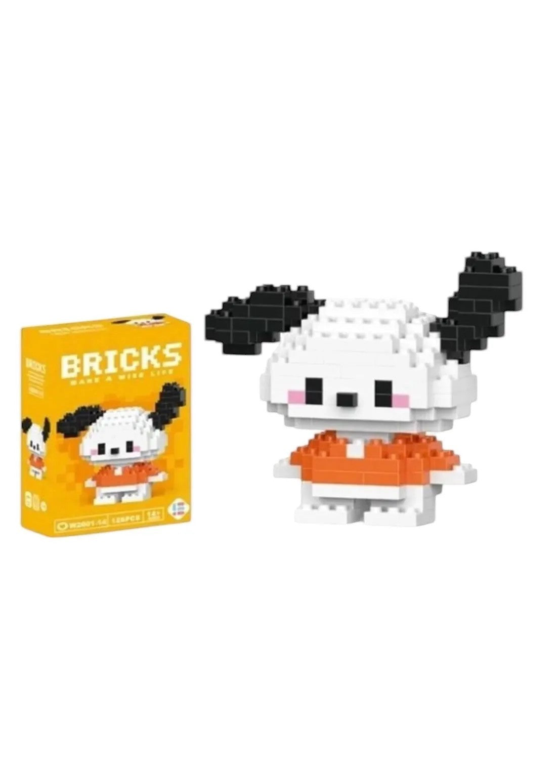 Particimden Bricks yapım oyuncak köpek figürü, beyaz ve turuncu renklerde, 128 parçalı ABS plastikten yapılmış, 14 yaş ve üzeri için uygundur.
