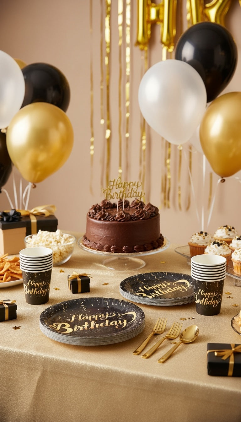 Particimden siyah ve altın yaldızlı Happy Birthday yazılı doğum günü tabak ve bardak seti, şık parti masası sunumu