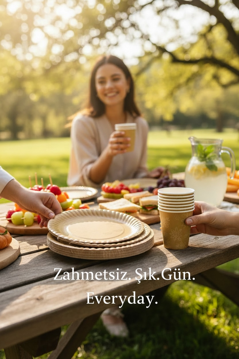 Particimden sarı renkli, desenli kağıt tabak ve bardak seti, piknik ve partiler için ideal.