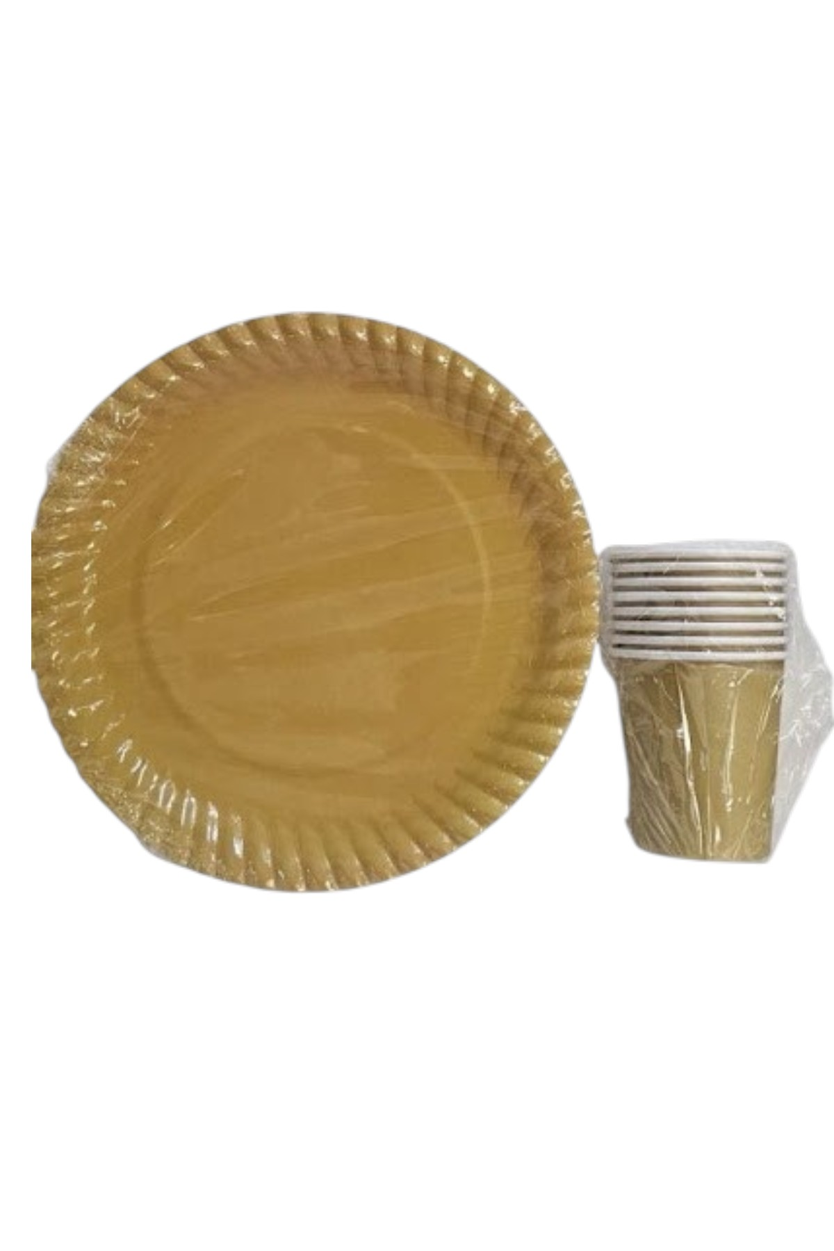 Particimden sarı renkli, oluklu kenarlı kağıt tabak ve bardak seti. Piknik ve parti için ideal.
