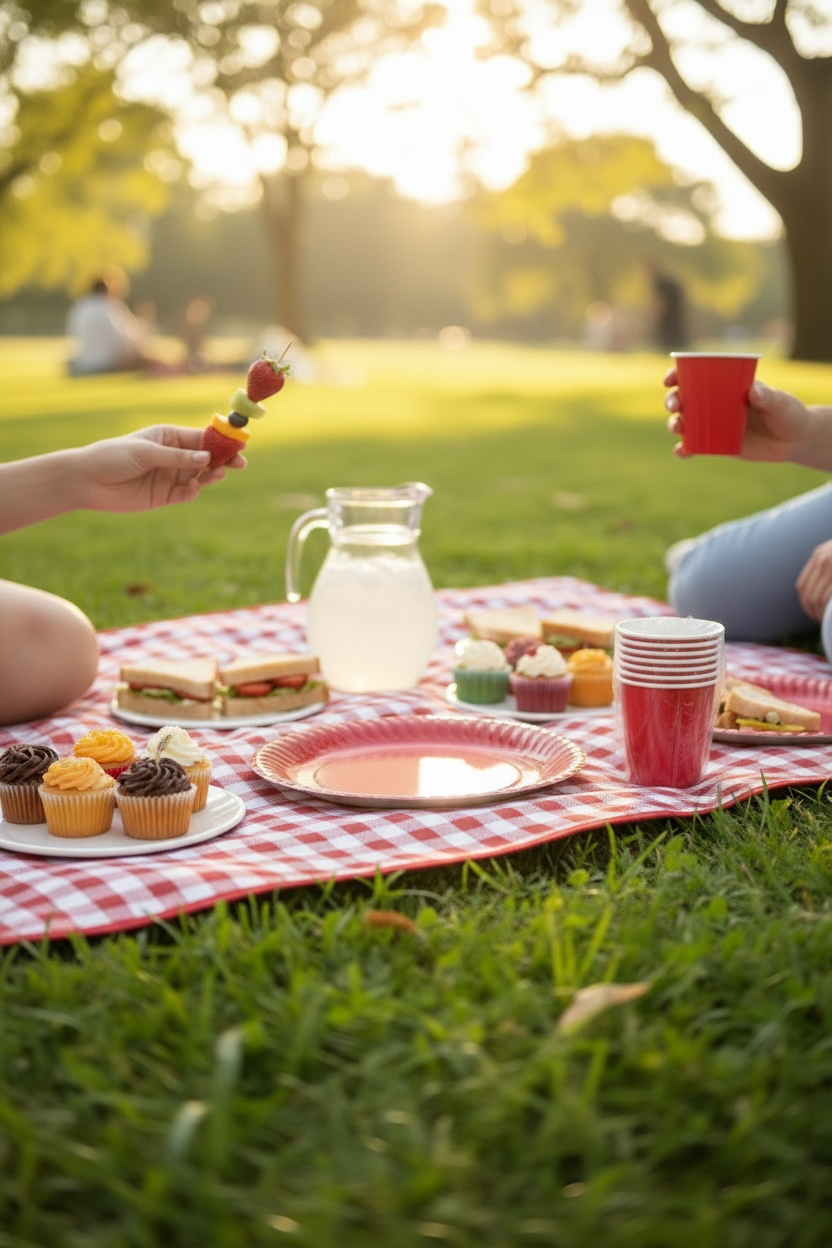 Particimden kırmızı plastik tabak ve bardak seti, piknik örtüsü üzerinde cupcakes, sandviçler ve meyve şişleri ile.
