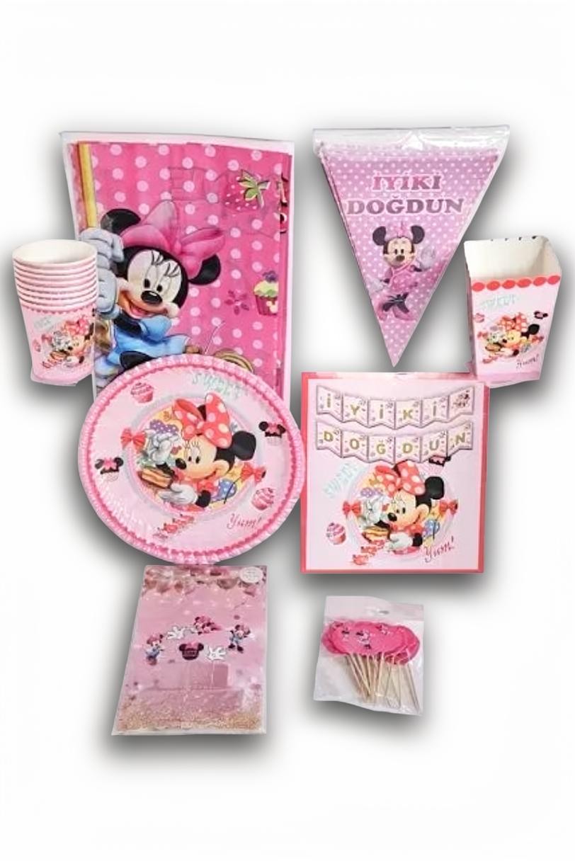 Particimden Minnie Mouse temalı pembe doğum günü parti malzemeleri seti, tabak, bardak ve iyi ki doğdun flaması içerir.