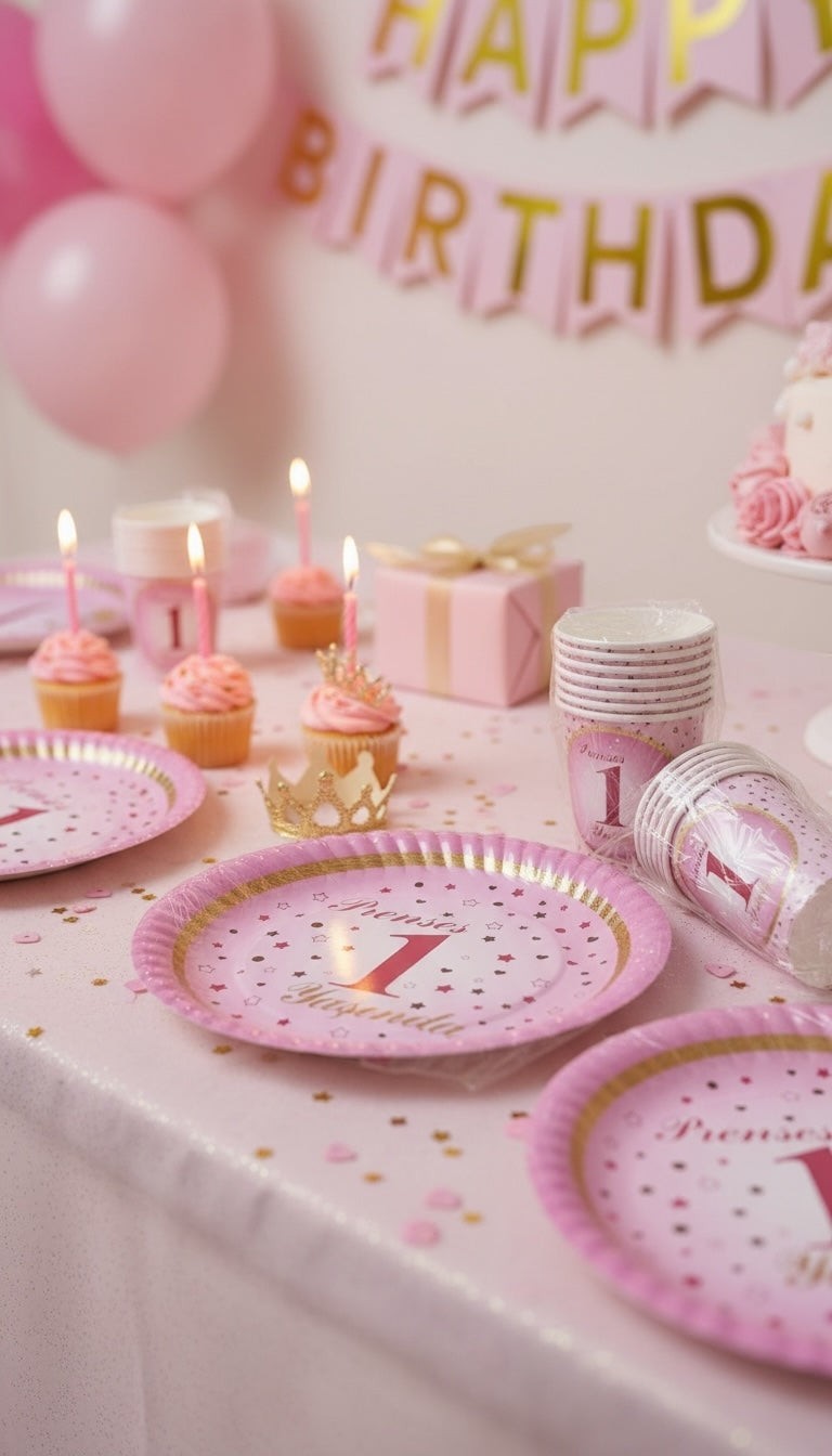 Particimden pembe ve altın yaldızlı Prenses 1 Yaşında temalı karton tabak ve bardak parti seti