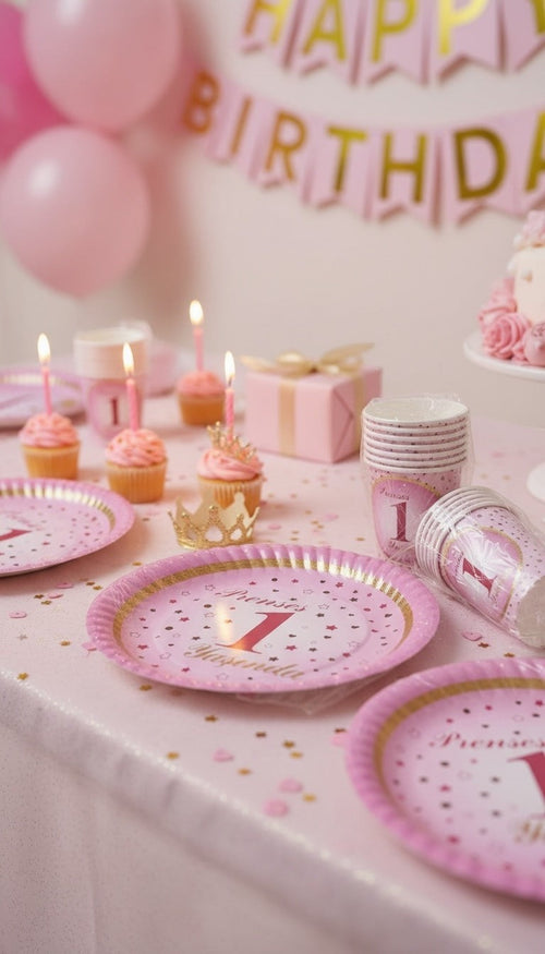 Particimden pembe ve altın yaldızlı Prenses 1 Yaşında temalı karton tabak ve bardak parti seti