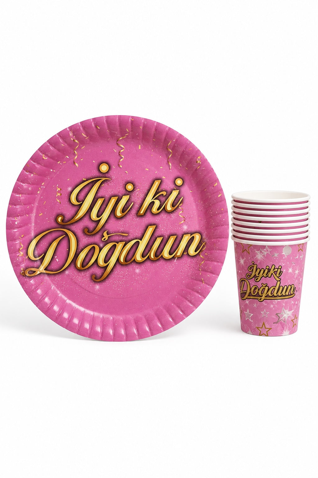 Particimden pembe renkli, yıldız desenli ve İyi ki Doğdun yazılı karton tabak ve kağıt bardak doğum günü seti