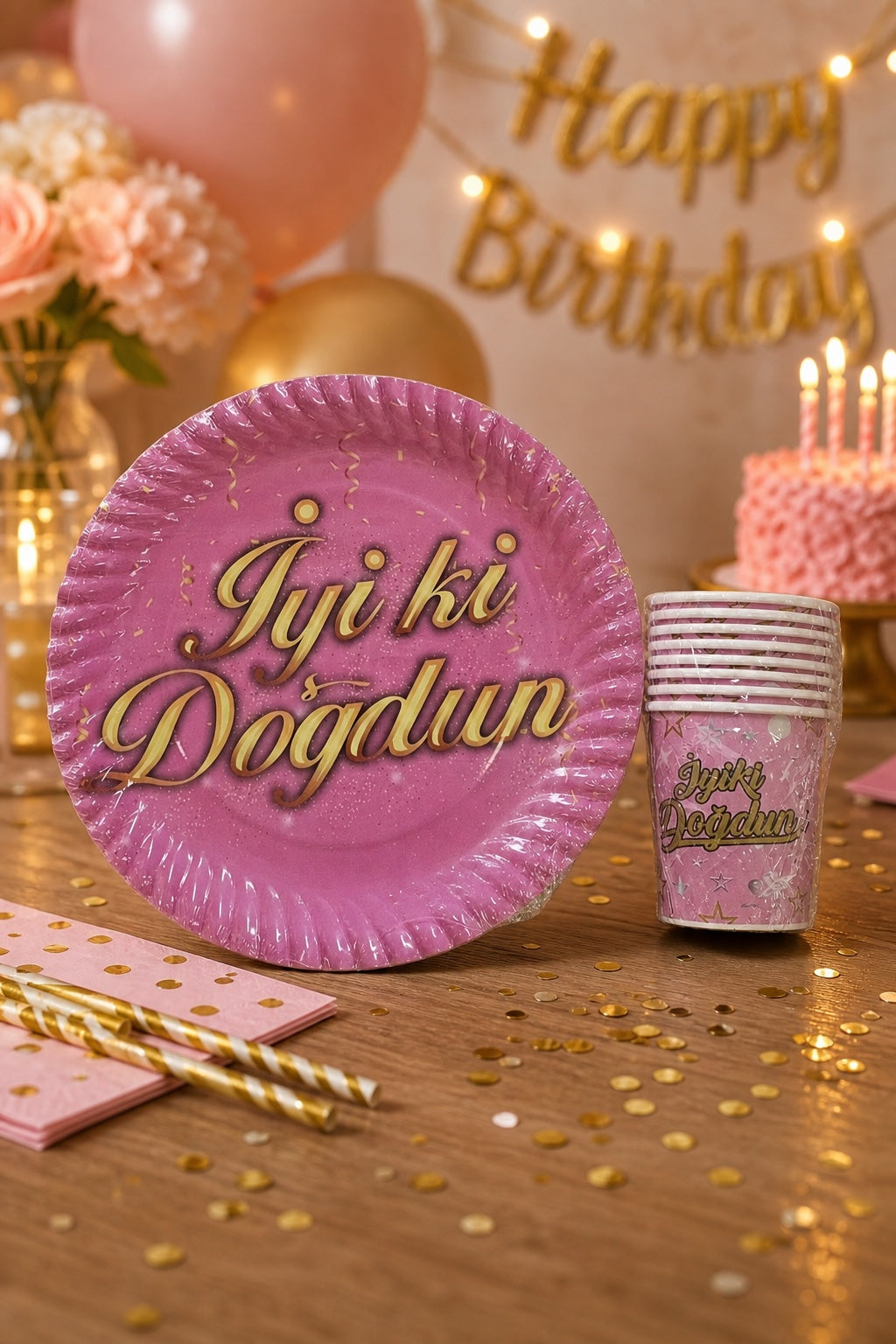 Particimden pembe renkli, üzerinde altın yaldızlı İyi ki Doğdun yazısı bulunan karton tabak ve kağıt bardak parti seti