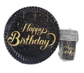 Particimden siyah ve altın yaldızlı Happy Birthday yazılı şık doğum günü kutlama tabak ve bardak seti