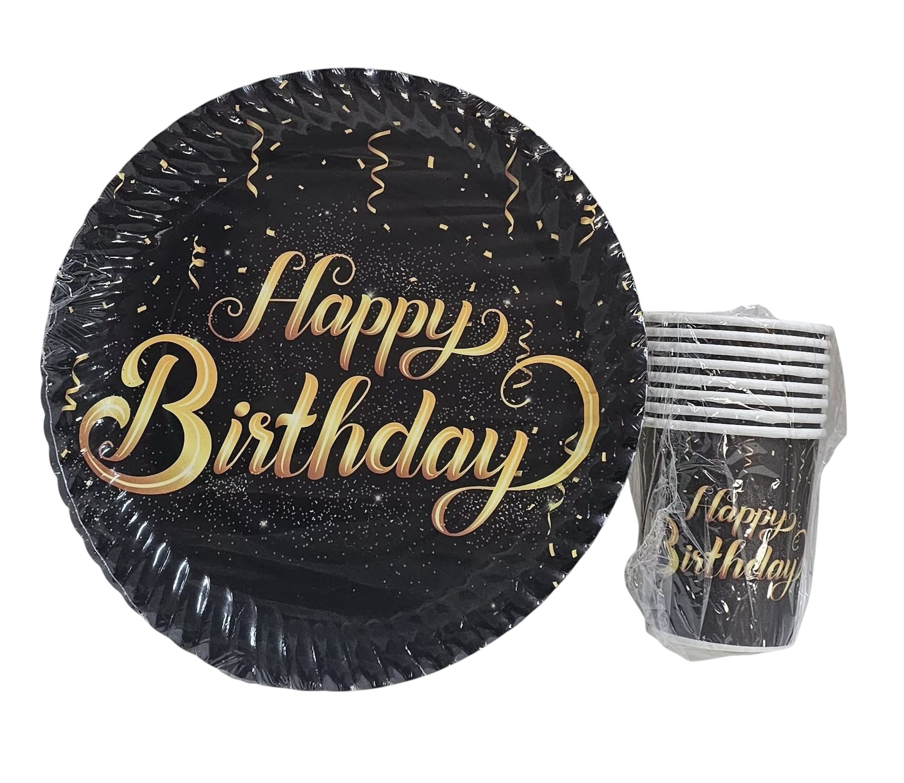 Particimden siyah ve altın yaldızlı Happy Birthday yazılı şık doğum günü kutlama tabak ve bardak seti