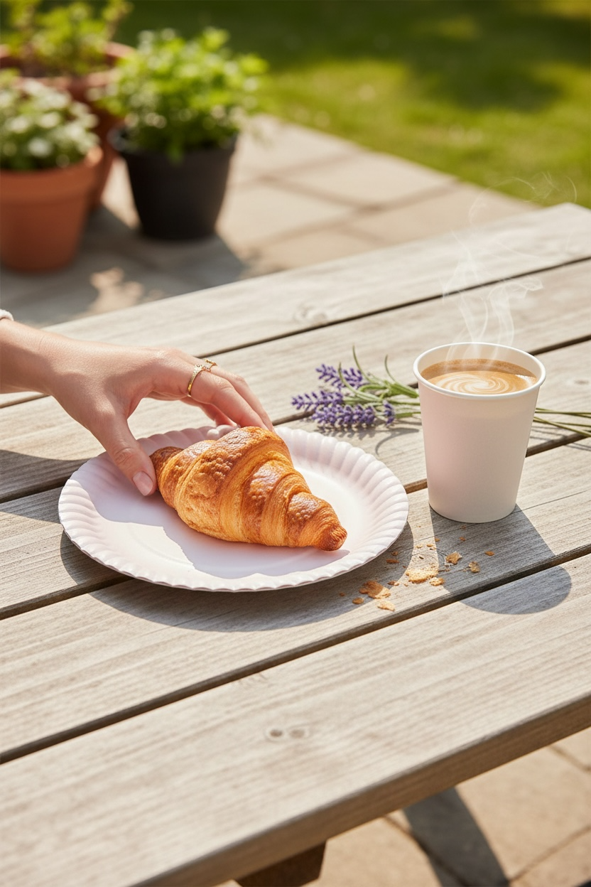 Particimden tek kullanımlık pastel pembe tabak üzerinde kruvasan ve beyaz bardakta kahve. Piknik ve kutlamalar için.